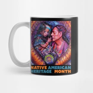 Native American Indigenous tribal art with Indigenous Indian Chief feather Headdress and Native Indigenous girl Mug